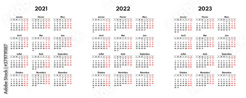 simple 2021 2022 2023 french calendar grid, starts monday, two weekend