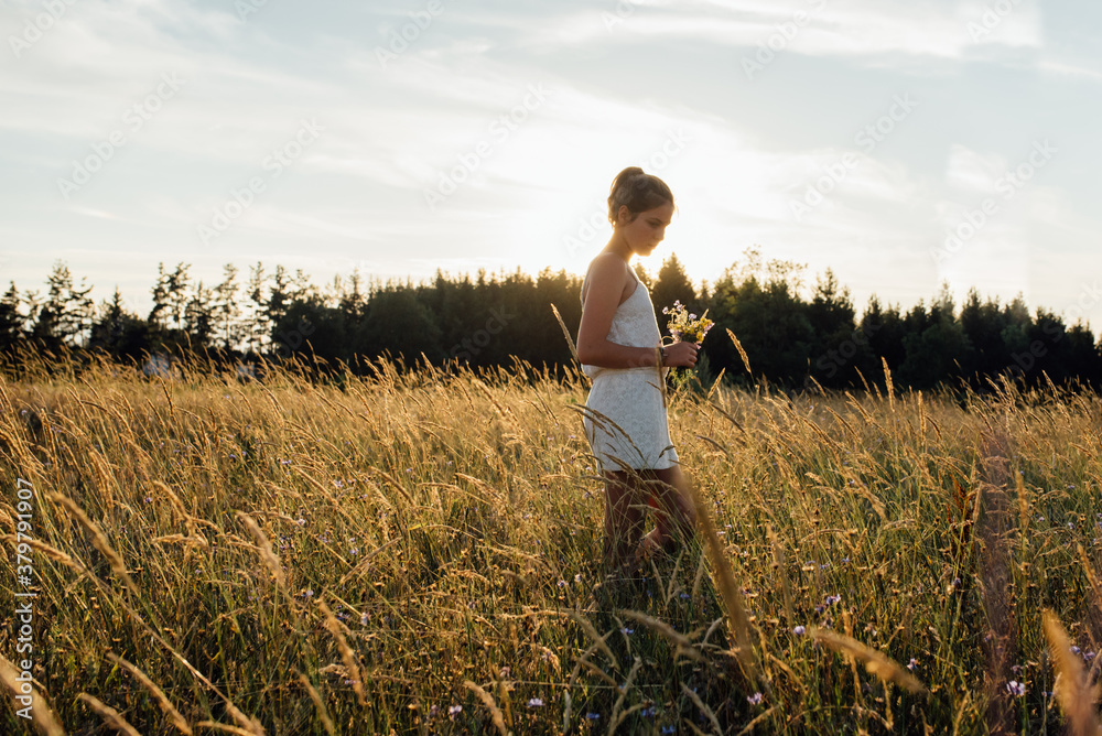 young woman picking flowers in the evening young woman picking flowers in the evening