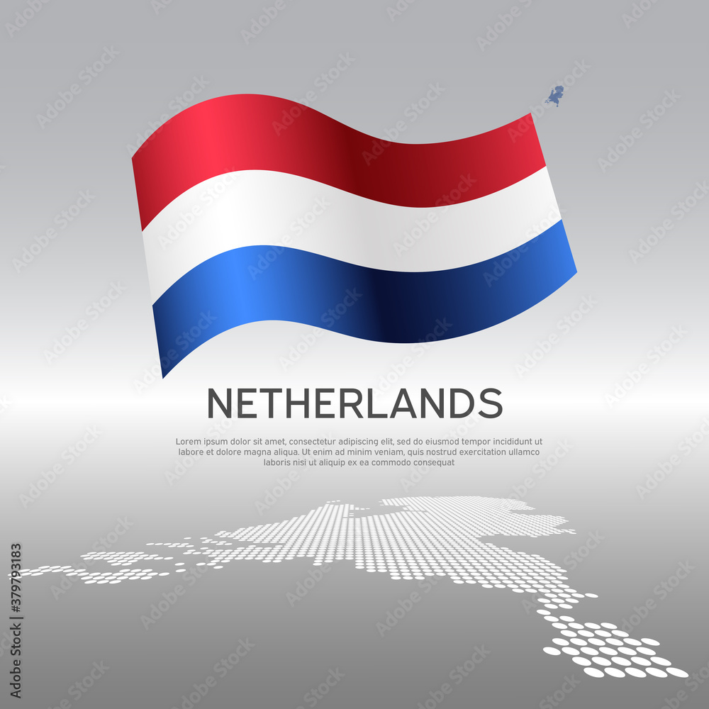 Netherlands wavy flag and mosaic map on light background. Creative background for the national dutch poster. Vector tricolor design. Business booklet. State dutch patriotic banner, flyer Netherlands wavy flag and mosaic map on light background. Creative background for the national dutch poster. Vector tricolor design. Business booklet. State dutch patriotic banner, flyer