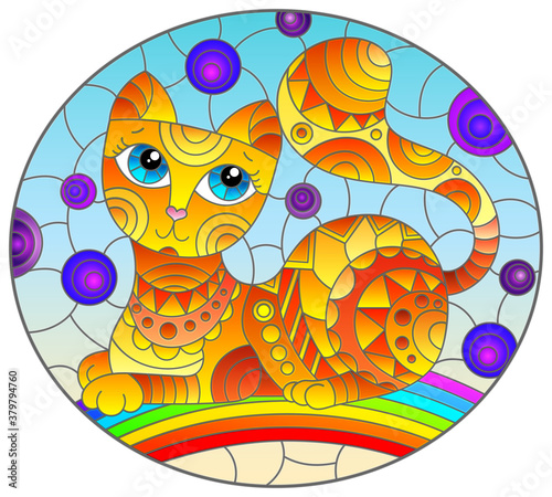Illustration in stained glass style with abstract cute red  cat on a sky background with rainbow 