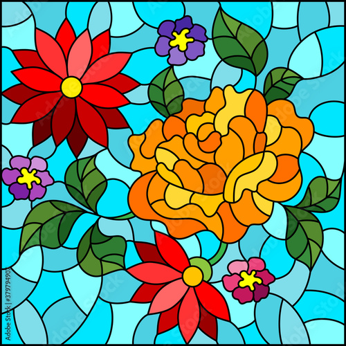 Illustration in stained glass style with a bright flower arrangement on a blue background  square image