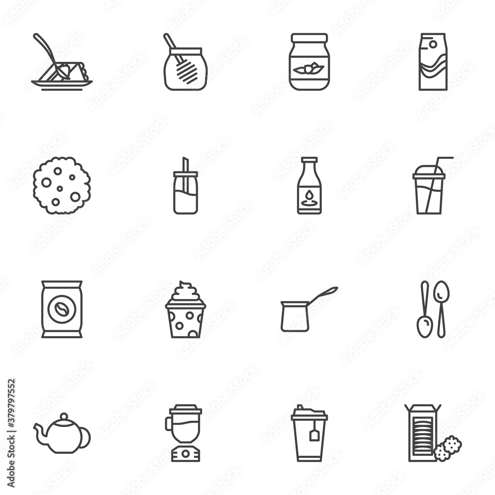 Coffee shop food line icons set, outline vector symbol collection, linear style pictogram pack. Signs, logo illustration. Set includes icons as cake, honey, milk, cookie, roasted coffee bean, cupcake Coffee shop food line icons set, outline vector symbol collection, linear style pictogram pack. Signs, logo illustration. Set includes icons as cake, honey, milk, cookie, roasted coffee bean, cupcake