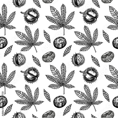 Chestnuts seamless pattern. Chestnut leaves and fruits sketch seamless background.