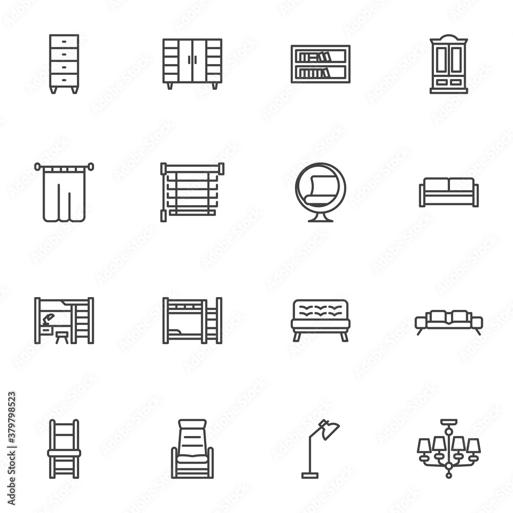 Home furniture line icons set, outline vector symbol collection, linear style pictogram pack. Signs, logo illustration. Set includes icons as drawers cupboard, bookshelf, curtain, sofa, armchair, lamp Home furniture line icons set, outline vector symbol collection, linear style pictogram pack. Signs, logo illustration. Set includes icons as drawers cupboard, bookshelf, curtain, sofa, armchair, lamp
