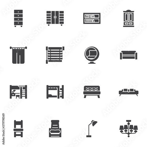 Home furniture vector icons set, modern solid symbol collection, filled style pictogram pack. Signs, logo illustration. Set includes icons as drawers cupboard, bookshelf, curtain, sofa, armchair, lamp