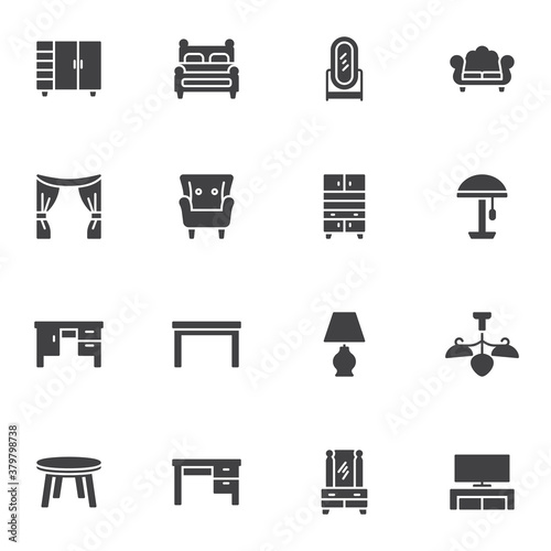 Home interior furniture vector icons set, modern solid symbol collection, filled style pictogram pack. Signs logo illustration. Set includes icons as closet cupboard, curtains, sofa, table, desk, lamp
