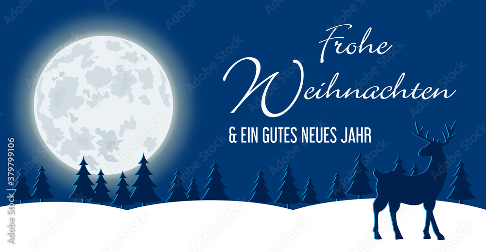 Weihnachtskarte Hirsch guckt auf Vollmond am Nachthimmel und steht im dunklen Wald mit Schneelandschaft und mit Schriftzug Frohe Weihnachten