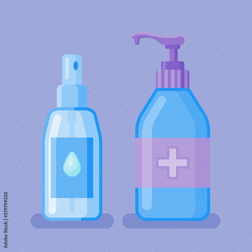 Hand sanitizer gel and spray in flat style. Vector illustration.