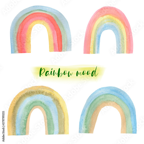 Watercolor illustration of multicolored rainbow set. Drawn by hand with watercolors and is suitable for all types of design and printing.