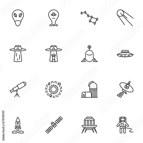 Space, universe line icons set, outline vector symbol collection, linear style pictogram pack. Signs, logo illustration. Set includes icons as ufo alien, ursa major, astronomy telescope, spaceman