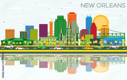 New Orleans Louisiana City Skyline with Color Buildings, Blue Sky and Reflections.