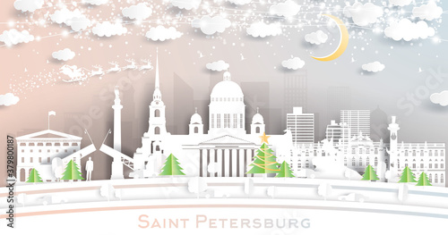 Saint Petersburg Russia City Skyline in Paper Cut Style with Snowflakes, Moon and Neon Garland.