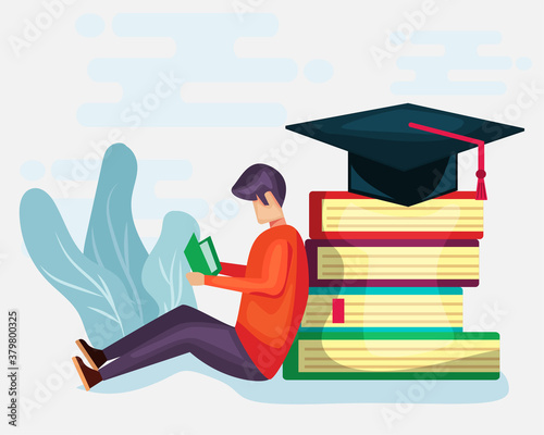 young man reading book for education concept vector illustration in flat style