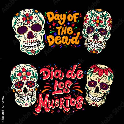 Dia de los muertos (Day of the dead). Lettering phrase with sugar skulls illustrations.  Design element for flyer, emblem, sign, poster, card, banner. Vector illustration