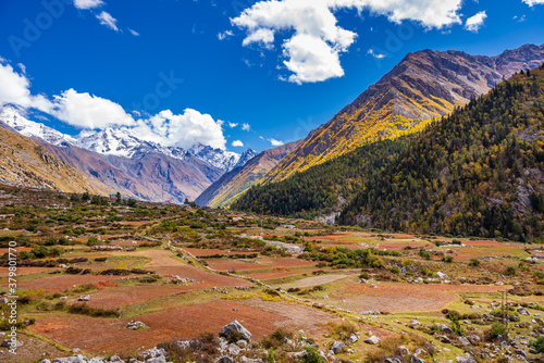 Serene Landscape of  near Chitkul village in Kinnaur district of Himachal Pradesh, India. It is the last inhabited village near the Indo-China border. photo