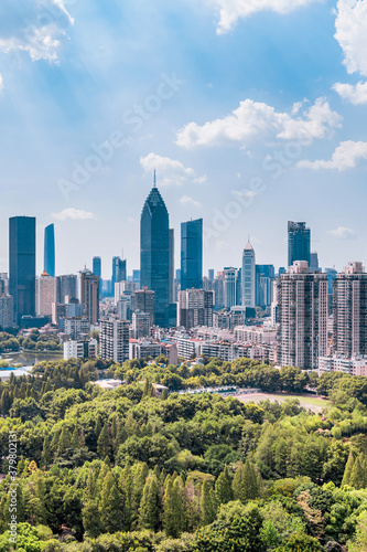 A clear view of the CBD buildings in Northwest Lake  Wuhan  Hubei  China