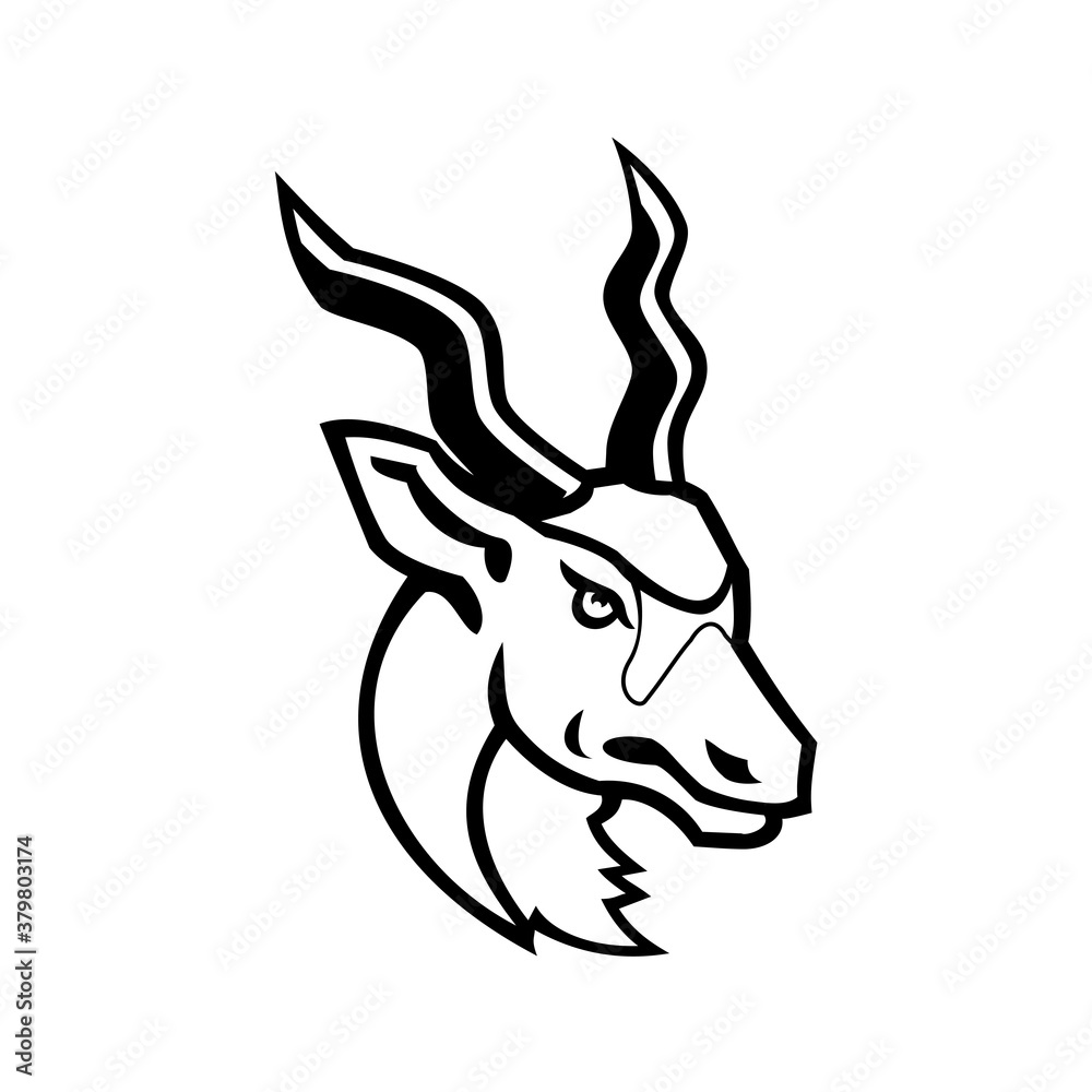 Head of an Addax White Antelope or Screwhorn Antelope Mascot Black and White