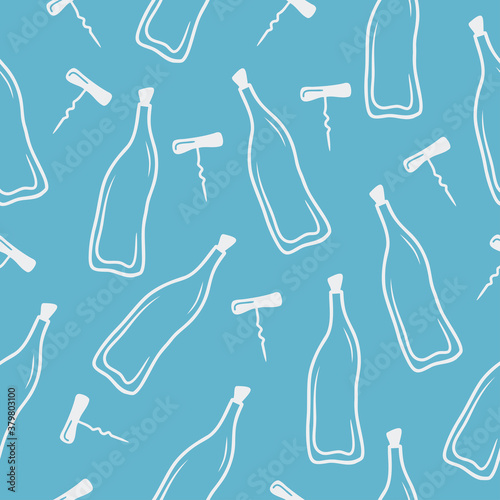 Seamless pattern with hand drawn glass bottle and corkscrew on a blue background. Doodle, simple outline illustration. It can be used for decoration of textile, paper and other surfaces.