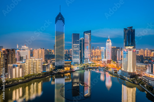 Night view of CBD buildings in Northwest Lake  Hankou  Wuhan  Hubei  China