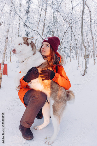 girl in a bright orange jacket sits and plays and hugs with a husky breed dog in the winter forest after snowfall during frost in the rays of the bright sunset sun