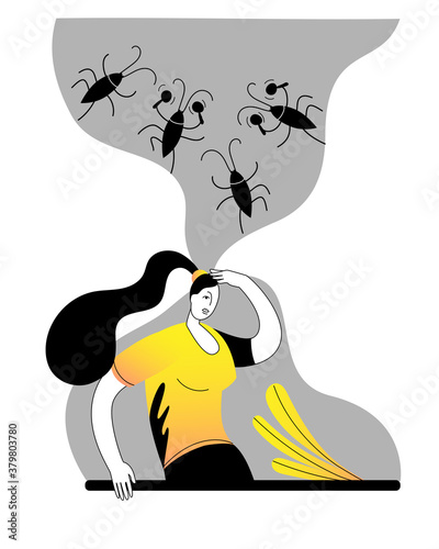 A brooding woman with cockroaches in her mind. Concept of a vector illustration on the theme of strange ideas.