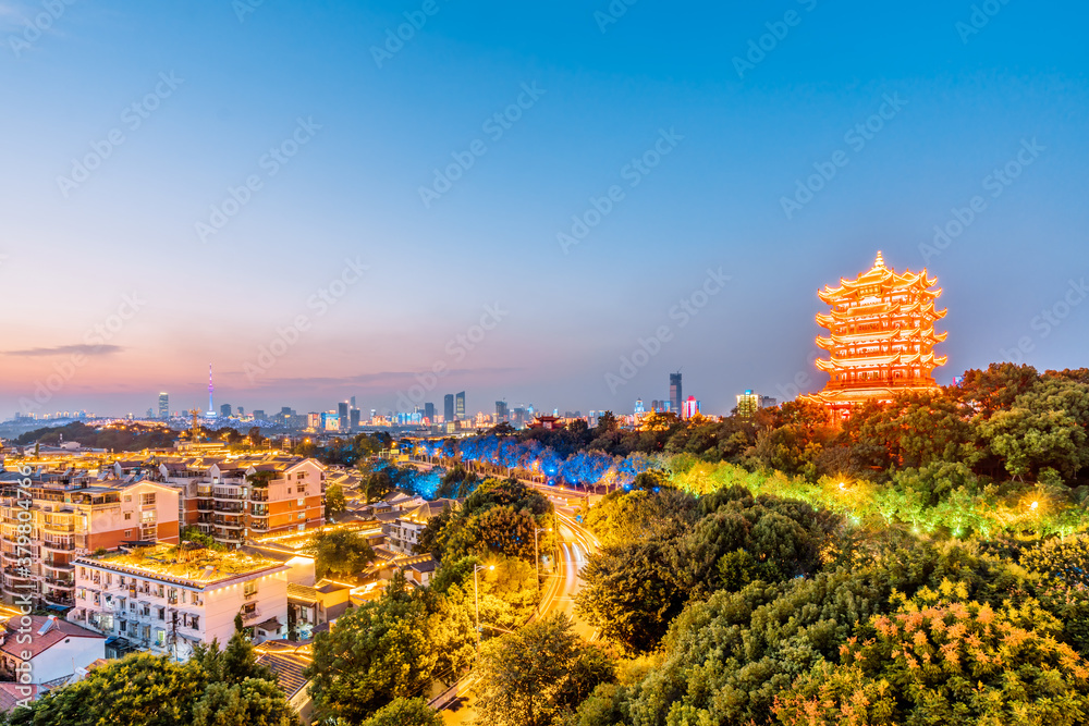 High angle scenery night view of Yellow Crane Tower in Wuhan, Hubei, China