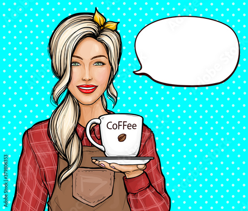 Pop art vector illustration of female barista. Smiling woman in shirt and apron holding cup or mug of freshly brewed coffee, offering a hot drink to visitors. Coffeeshop or cafe ad banner template.