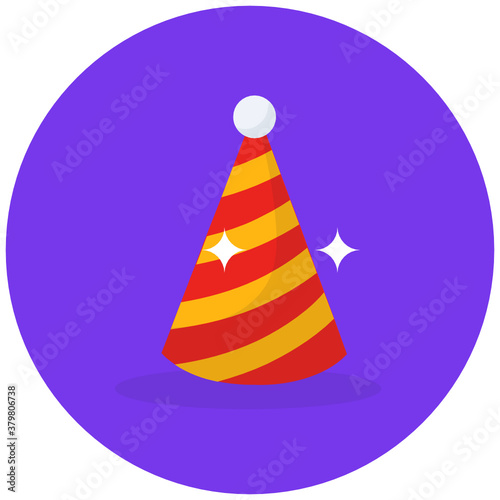 
Cone shaped headdress accessory, party cap icon in flat style 
