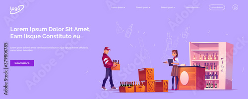 Goods delivery, distribution cartoon landing page. Woman customer, owner of alcohol store signing documents to confirm receiving of freight order from provider or logistics company, vector web banner