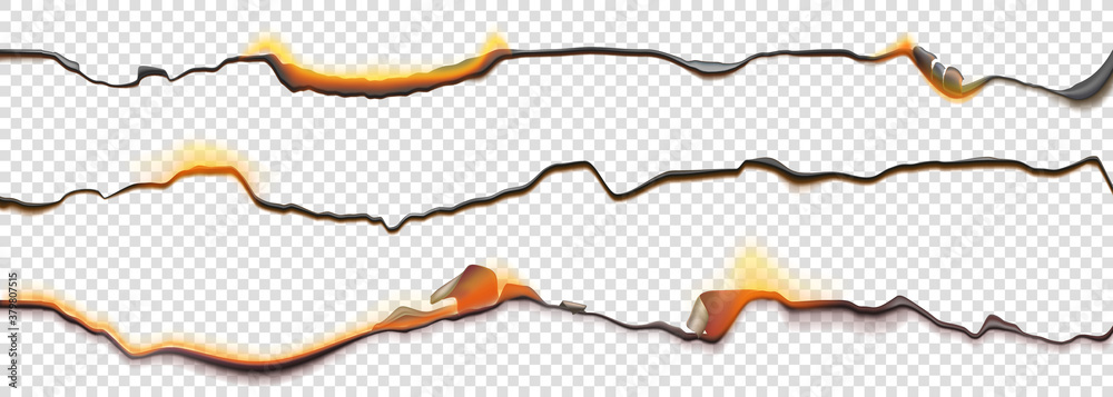 Burn paper borders, burnt page with smoldering fire on charred uneven edges, parchment sheets in flame. Burned, torn or ripped frame isolated on transparent background. Realistic 3d vector objects set