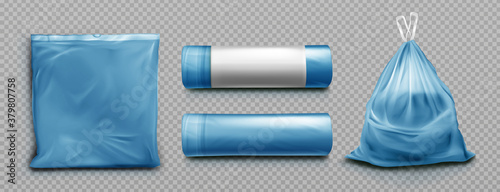 Blue plastic bag for trash, garbage and rubbish. Vector realistic mockup of polyethylene trashbag in roll, empty and full of waste. Sack with refuse with tied string isolated on transparent background