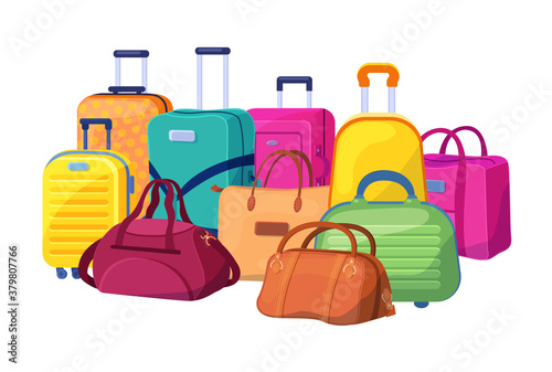 Travel luggage, plastic case, metal backpacks and leather bag. Travel suitcase with wheels, journey package, business travel bag, trip luggage. Vector backpack suitcase for journey, vacation