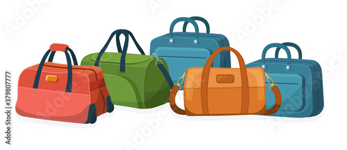 Travel luggage, plastic case, metal backpacks and leather bag. Travel suitcase with wheels, journey package, business travel bag, trip luggage. Vector backpack suitcase for journey, vacation