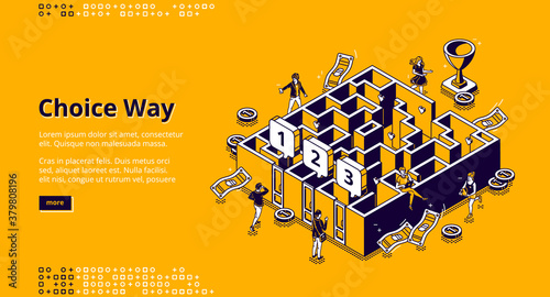 Choice way isometric landing page, business men choose between three doors to enter in maze, employees overcoming labyrinth challenge, aim achievement, task solutions, 3d vector line art web banner
