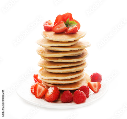 Tower of pancakes with strawberries isolated on a white background