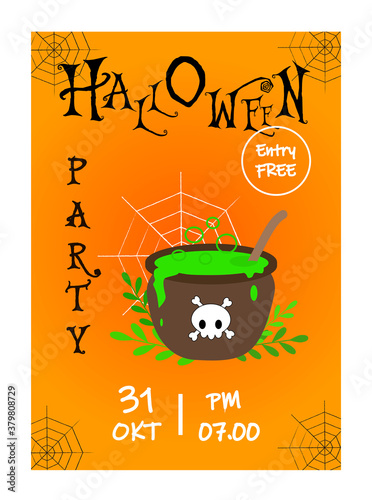 Vector illustration Halloween party invitation with magic cauldron for poster, banner, special offer