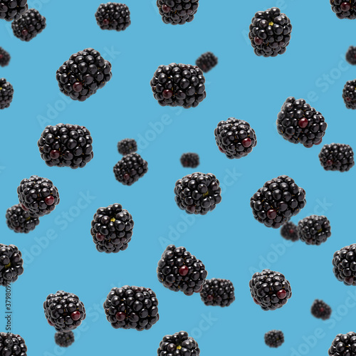 Falling Bramble Seamless pattern. Fresh Falling blackberry seamless pattern. Pattern with fresh wild berries isolated on blue background.