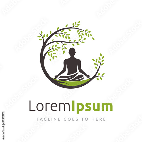 Yoga logo vector, a man meditation in Natural place.