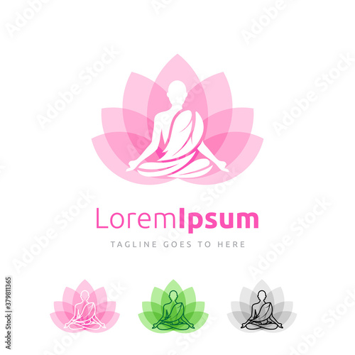 Yoga logo vector, a man meditation into Lotus flower.