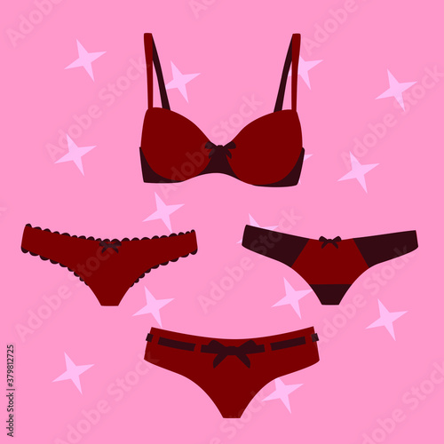 A set of fashionable women's underwear, a set of underwear. Vector drawing of panties and bras. A colorful collection of women's underwear, sensuality, femininity.