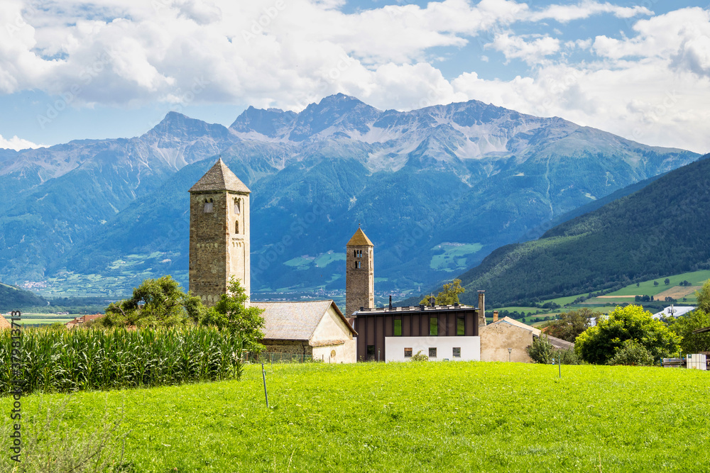 Val Venosta, Vinschgau, Alto Adige, Italy. View over Mals in South Tyrol