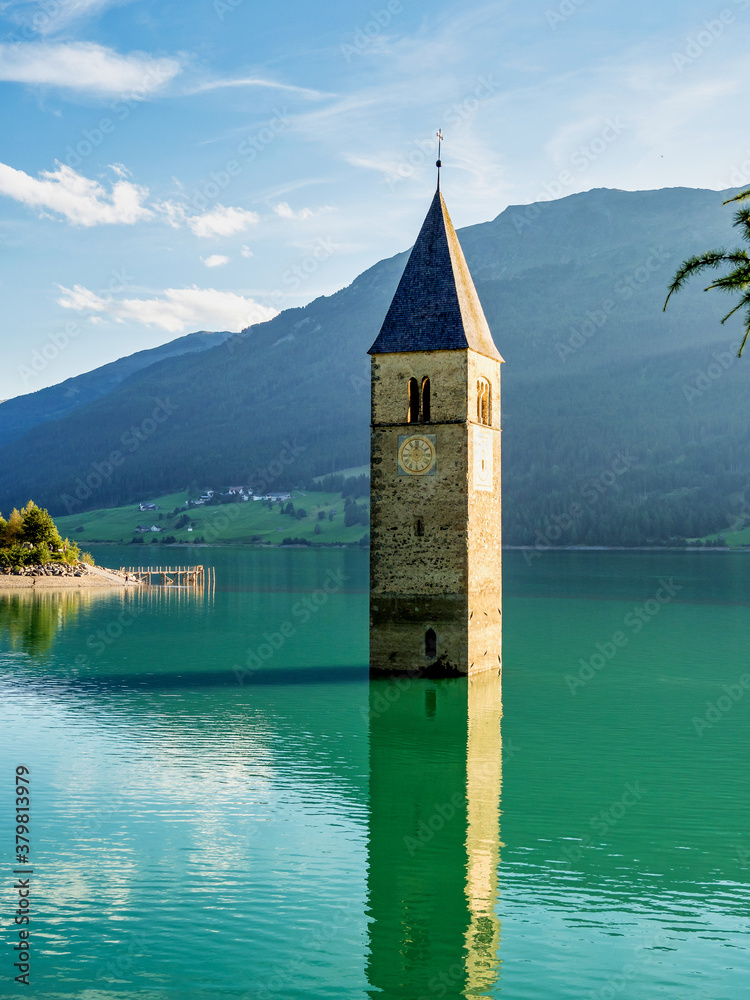 Church in the water at Lake Reschen in Tyrol in north Italy