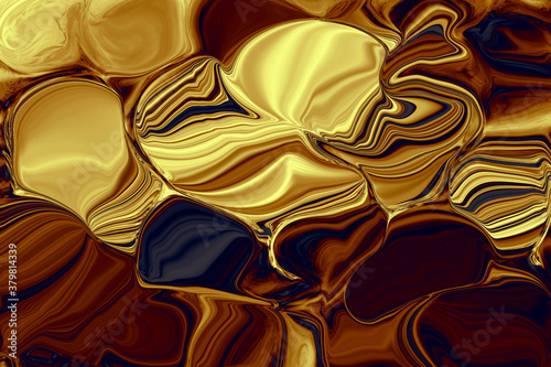 Fondo abstracto de textura de concha de carey. Ilustración de oro y resina fundidos formando ondas en tonos dorados, marrones, tostados y azules oscuro. Patrón de curvas de arte abstracto.