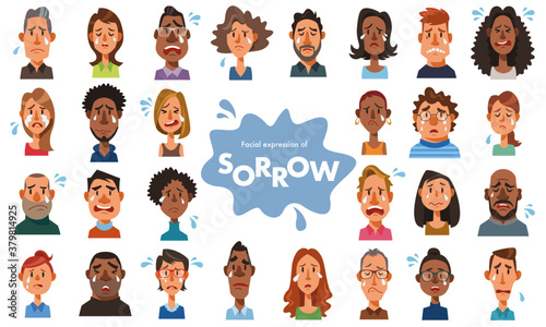 Facial expressions of sorrow. Crying men and women. Set of diverse people on white background. Vector illustration in flat cartoon style.