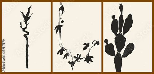 A set of three abstract minimalist aesthetic floral illustrations. Black silhouettes of plants on a light background. Modern monochrome vector posters for social media, web design in vintage style.