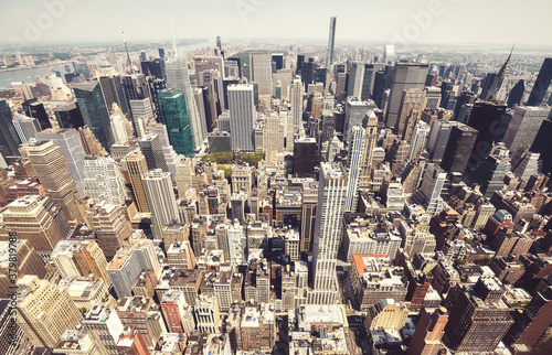 Retro toned aerial view of Manhattan, New York City, USA.