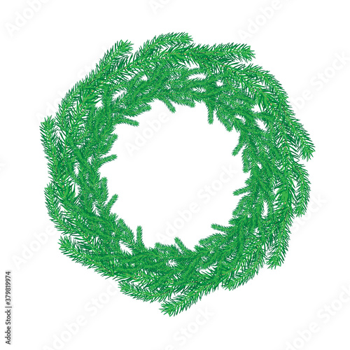 Green christmas fir wreath isolated on white background. Christmas wreath without decoration. Round frame of pine branches. Frame for flyer, presentation, banner, poster. Stock vector illustration