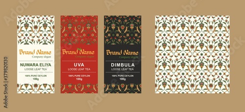 Template for creating packaging design for elite Ceylon, Indian tea in national style. Bonus - ethnic seamless pattern.