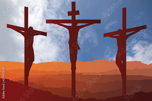 Silhouetted depiction of the crucifixion of Christ and two thieves collectively referred to as the Passion set against a blue cloudy sky background