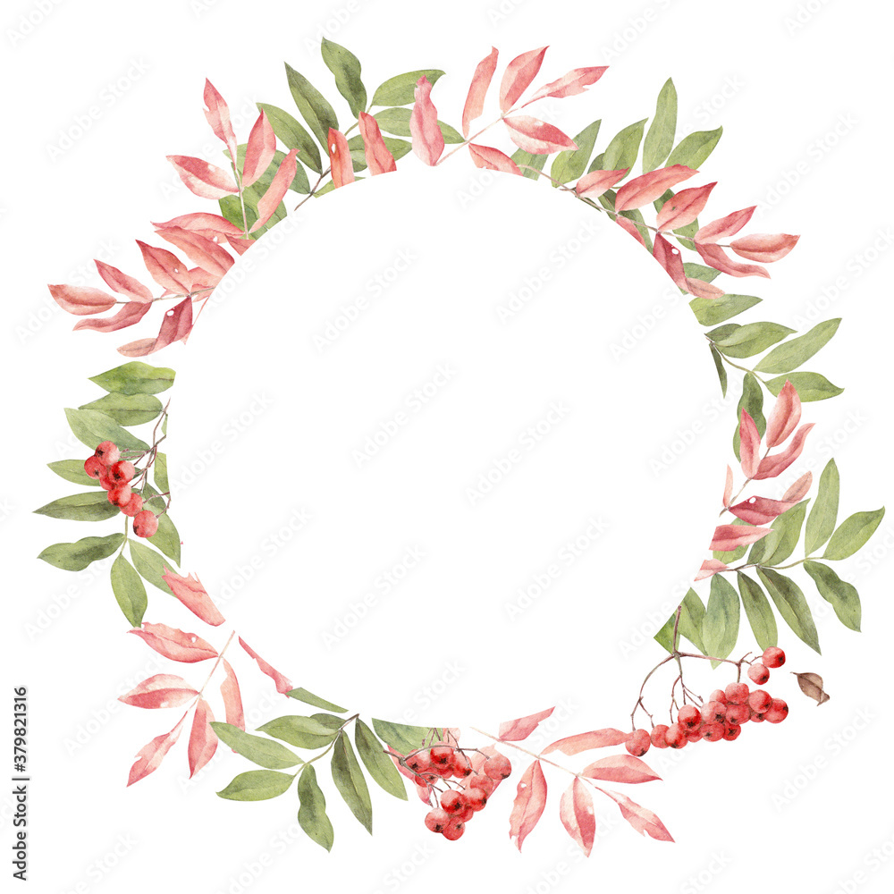 Hand painted watercolor wreath. Autumn leaves and and rowan berries. Can be used for floral poster, invitation. Background design for decorative cards or invitations.
